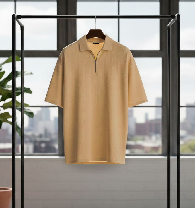 تیشرت مردانه یقه زیپ دار نسکافه ای مدل Arban